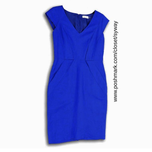 Classic Blue Linen-Blend Career Sheath Dress with Side Pockets - Picture 3 of 17